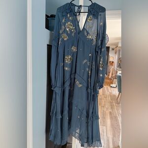 ASOS Navy Blue Maxi Dress with Gold Floral Embroidery